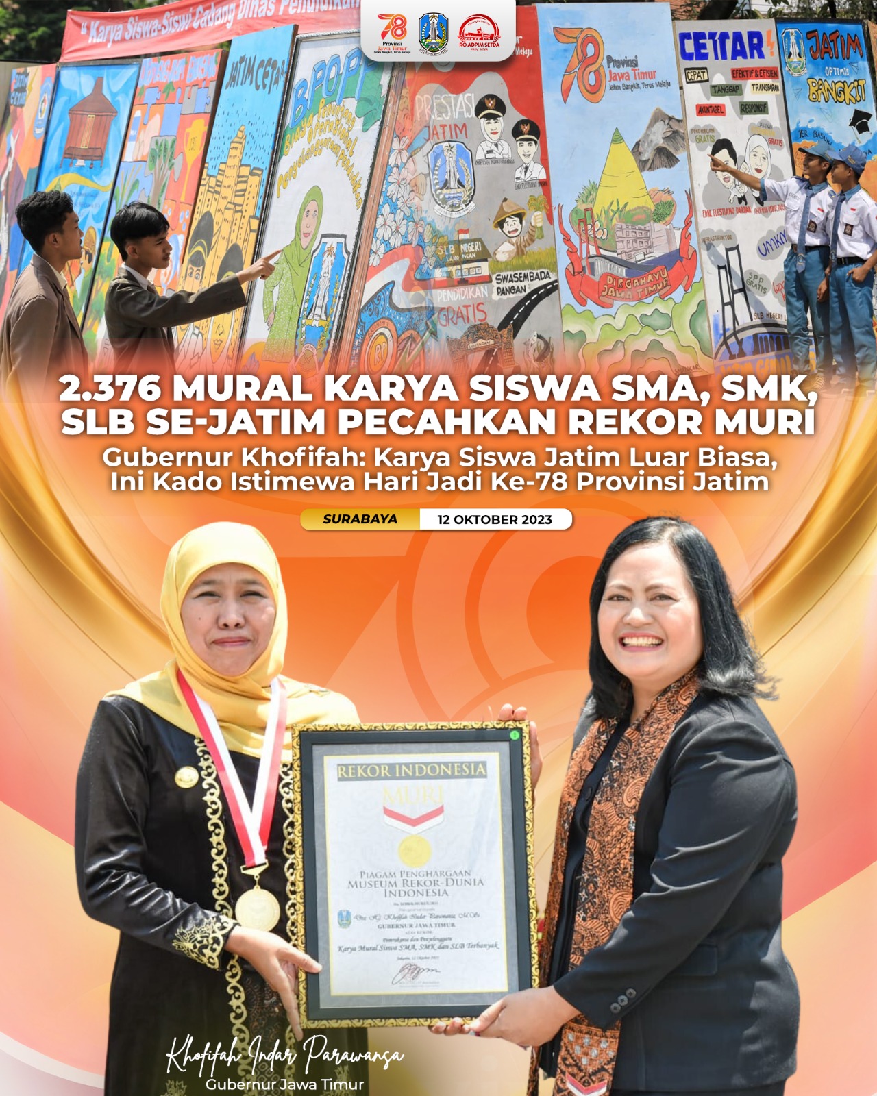 Gubernur Jatim Khofifah Indar Parawansa menerima Rekor Muri mural karya pelajar se- Jatim. (Dok: Humas Pemprov Jatim)