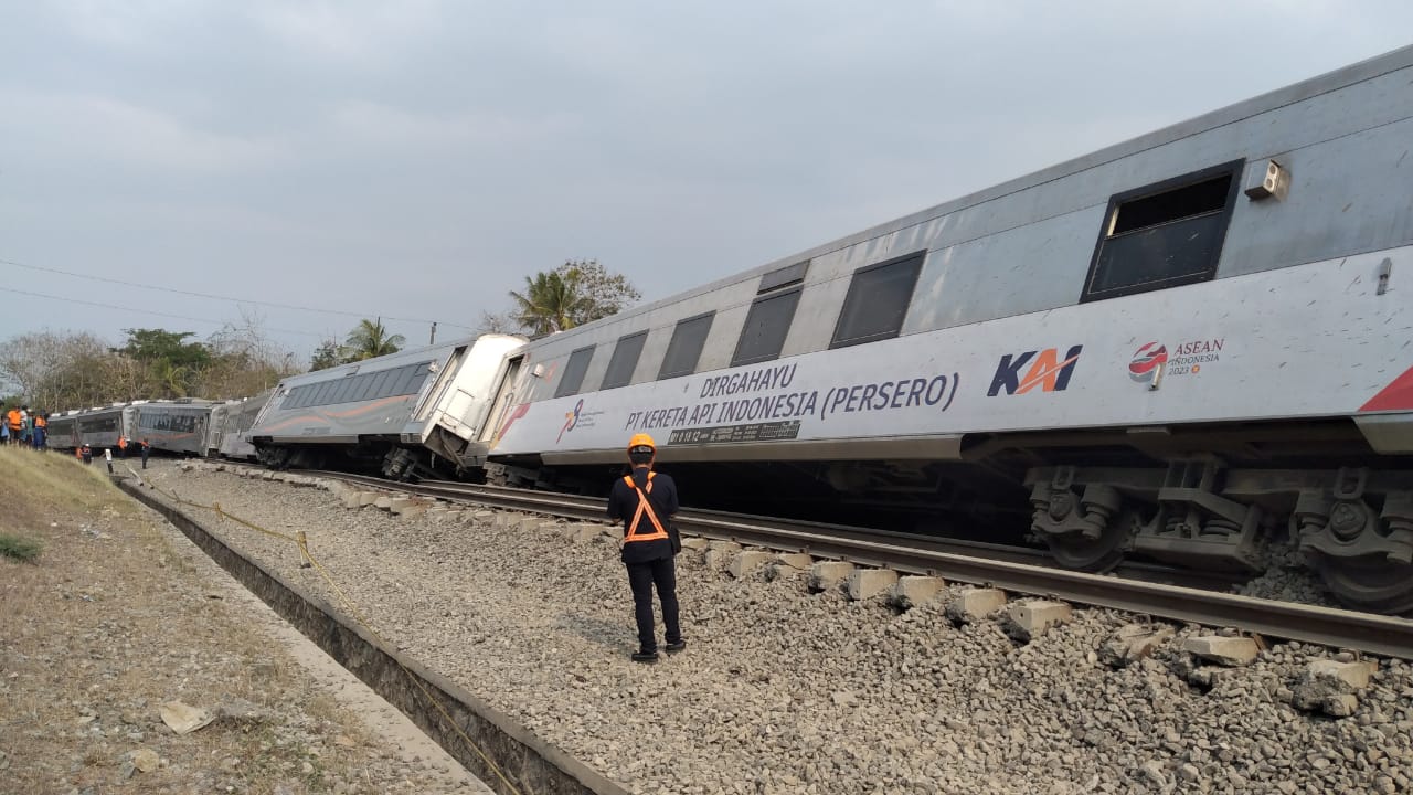 KA 17 Argo Semeru relasi Surabaya Gubeng-Gambir anjlok di KM 520+4 petak jalan Stasiun Sentolo - Stasiun Wates di wilayah Daop 6 Yogyakarta. (Istimewa)