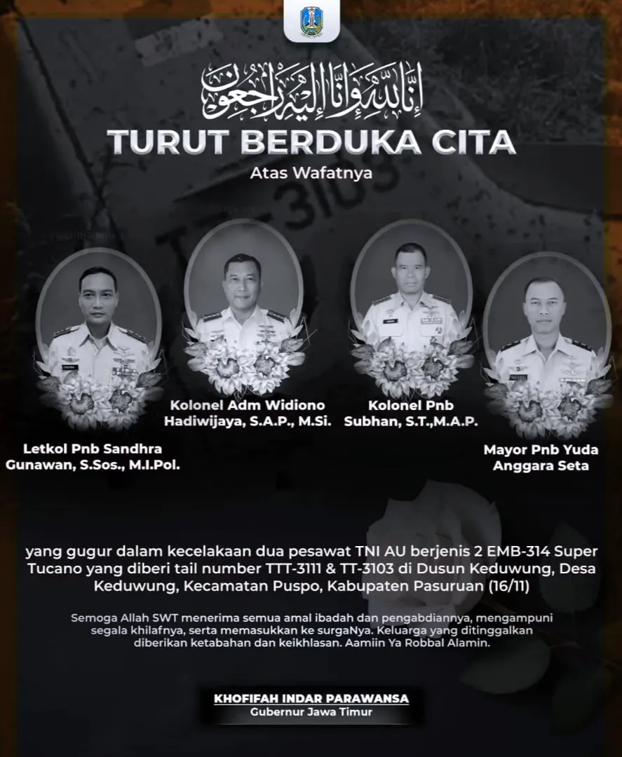 Khofifah Sampaikan Duka Cita Mendalam Atas Musibah Jatuhnya Dua Pesawat TNI AU