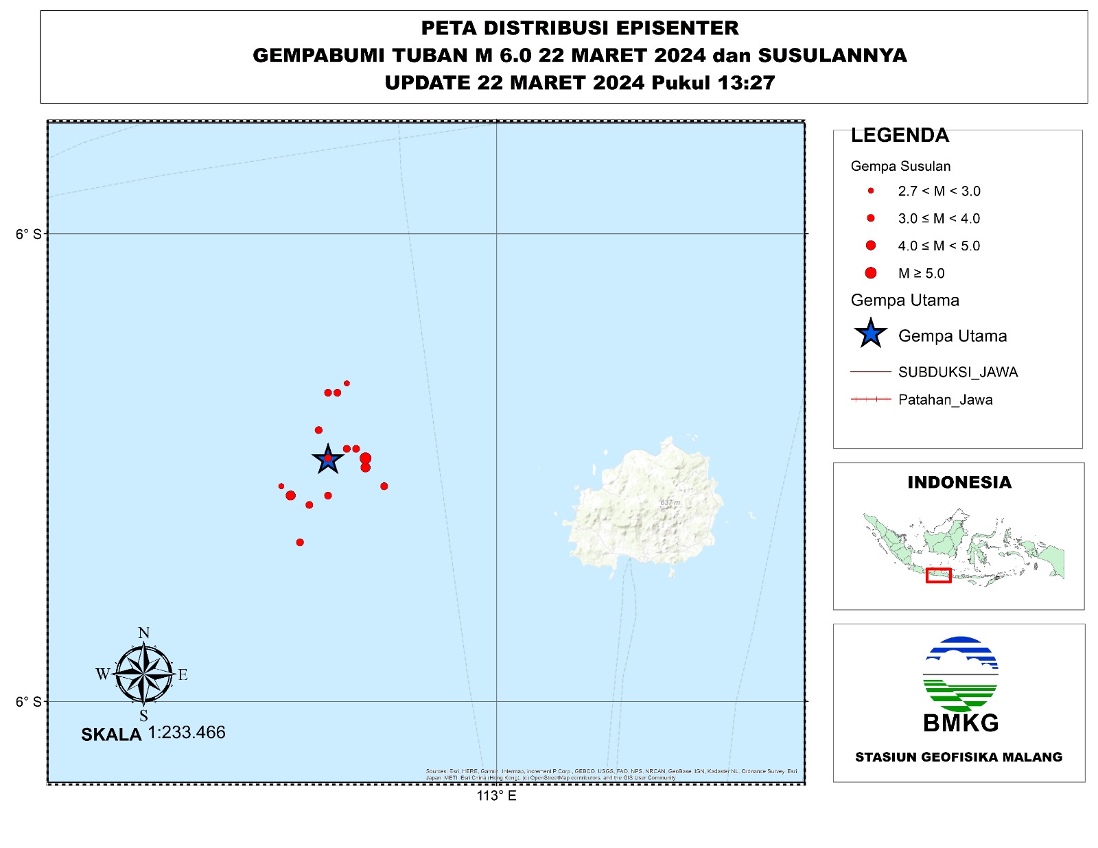 Info BMKG terkait gempa bumi di Pulau Bawean, Kabupaten Gresik, Jawa Timur. (Tangkapan Layar)