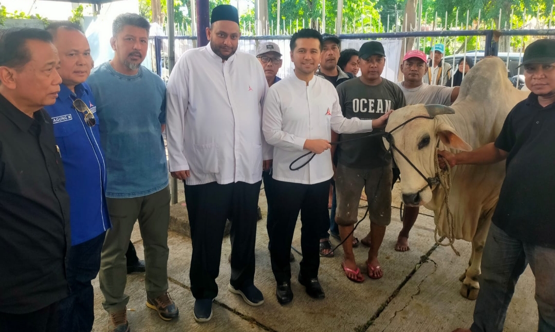 Ketua DPD Partai Demokrat Jatim, Emil Elistianto Dardak (baju putih) disela penyembelihan hewan kurban. (Insani/Jurnas.net)