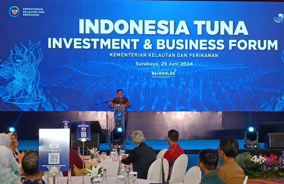 Direktur Jenderal Penguatan Daya Saing Produk Kelautan dan Perikanan (PDSPKP) KKP, Budi Sulistiyo, di sela acara ITIBF 2024 bertema 'Peluang Investasi Hilirisasi Tuna di Indonesia' di Surabaya. (Insani/Jurnas.net)