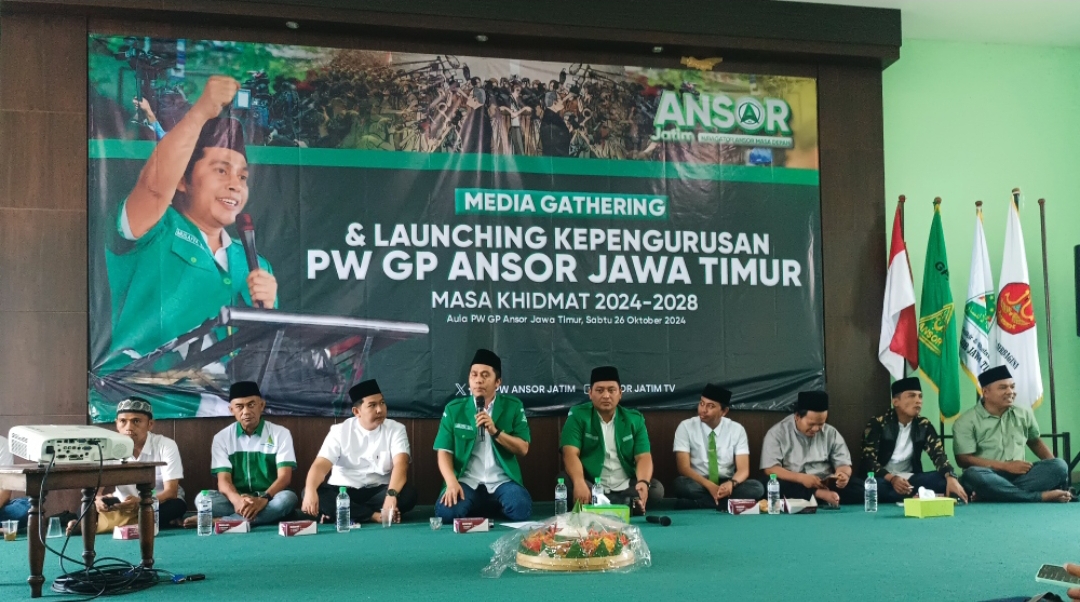 Ketua PW GP Ansor Jatim, Musaffa Safril, disela launching kepengurusan dengan Tagline Jatim Navigator Ansor Masa Depan. (Insani/Jurnas.net)