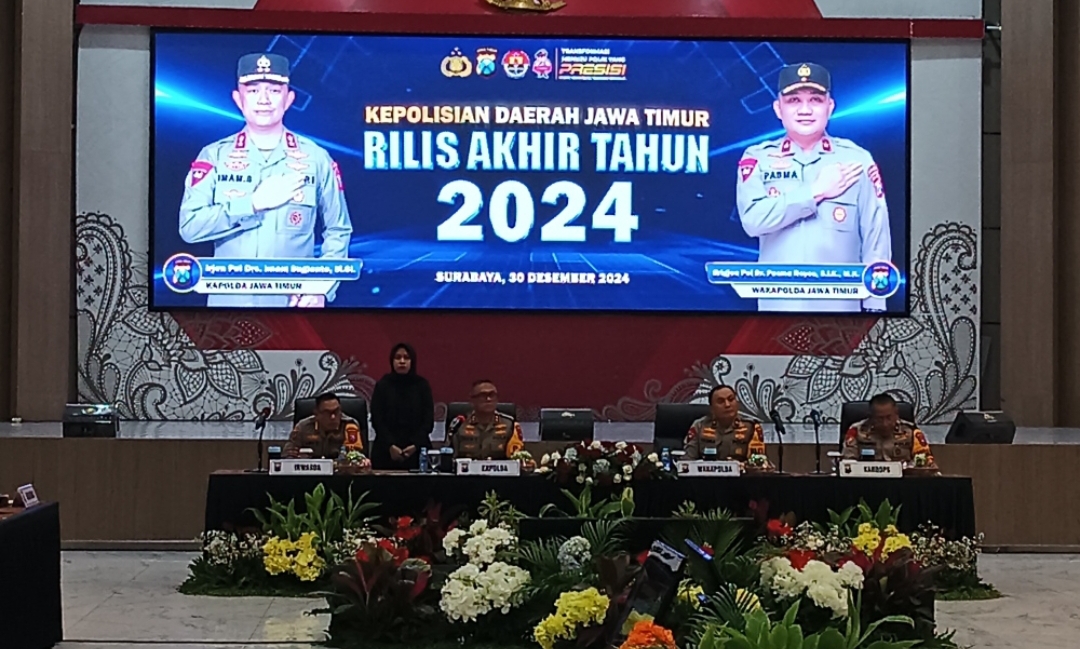 Kegiatan rilis akhir tahun 2024 yang digelar Polda Jatim. (Insani/Jurnas.net)