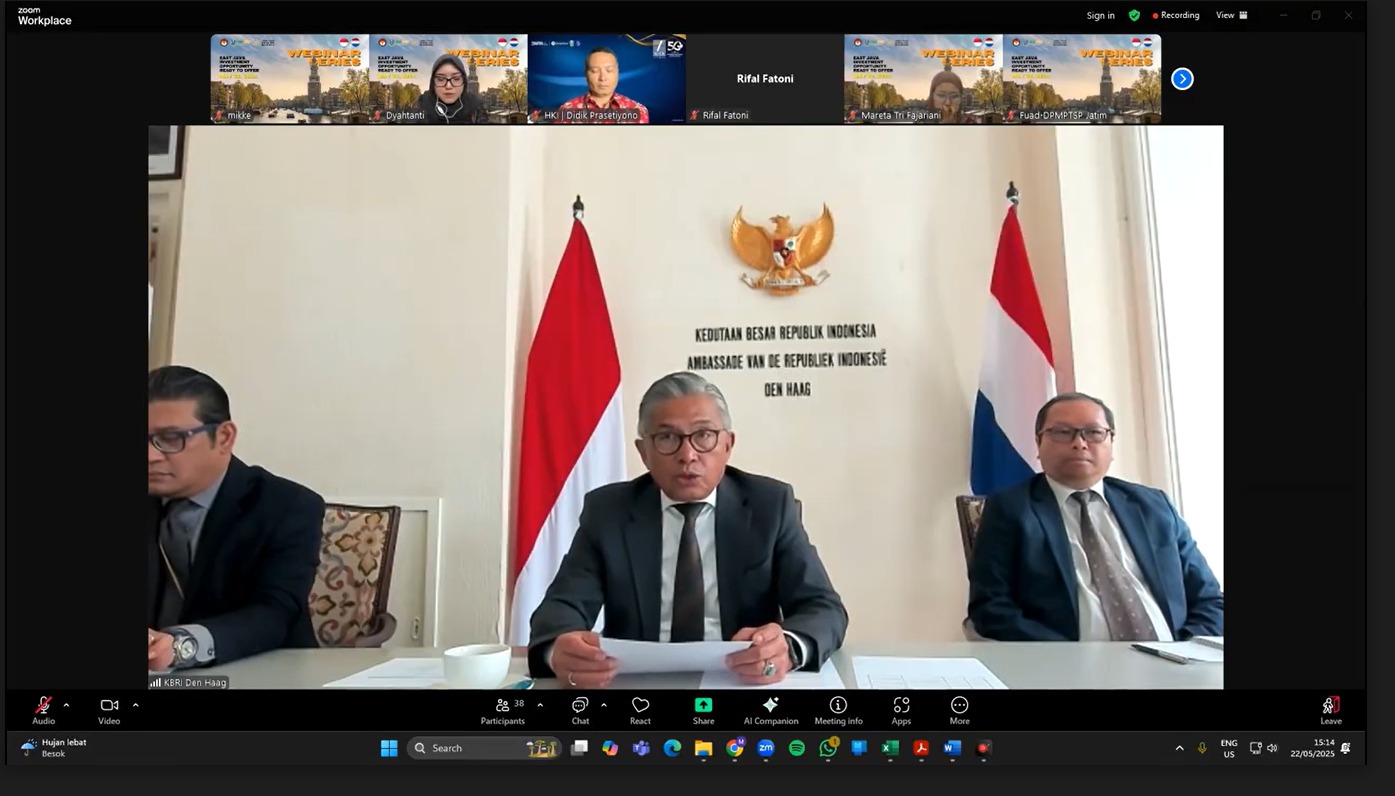 Forum virtual yang digelar oleh Dinas Penanaman Modal dan Pelayanan Terpadu Satu Pintu (DPMPTSP) Jatim bersama Kedutaan Besar Republik Indonesia (KBRI) di Den Haag. (Istimewa)