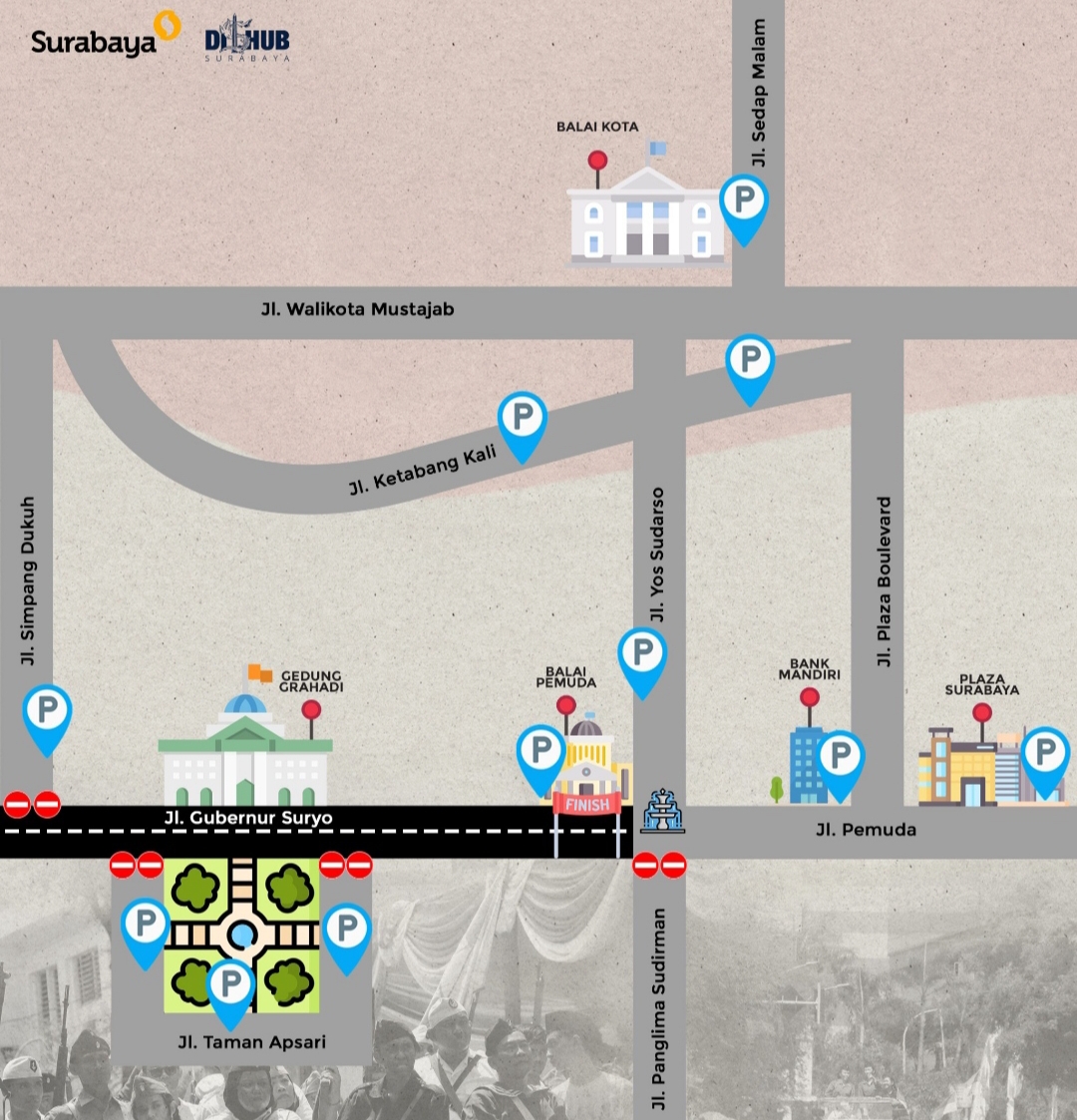 Skema rekayasa lalu lintas pada Parade Surabaya Juang 2025. (Humas Pemkot Surabaya)