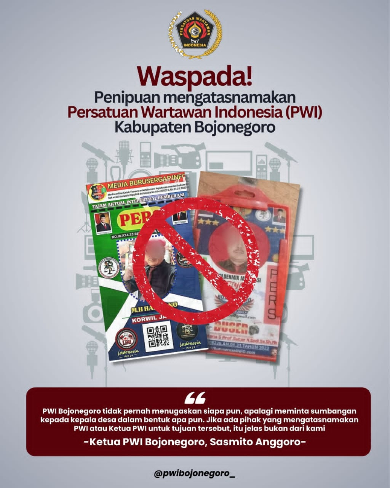Pamflet PWI Bojonegoro mengimbau masyarakat waspada penipuan mencatut nama PWI. (Istimewa)