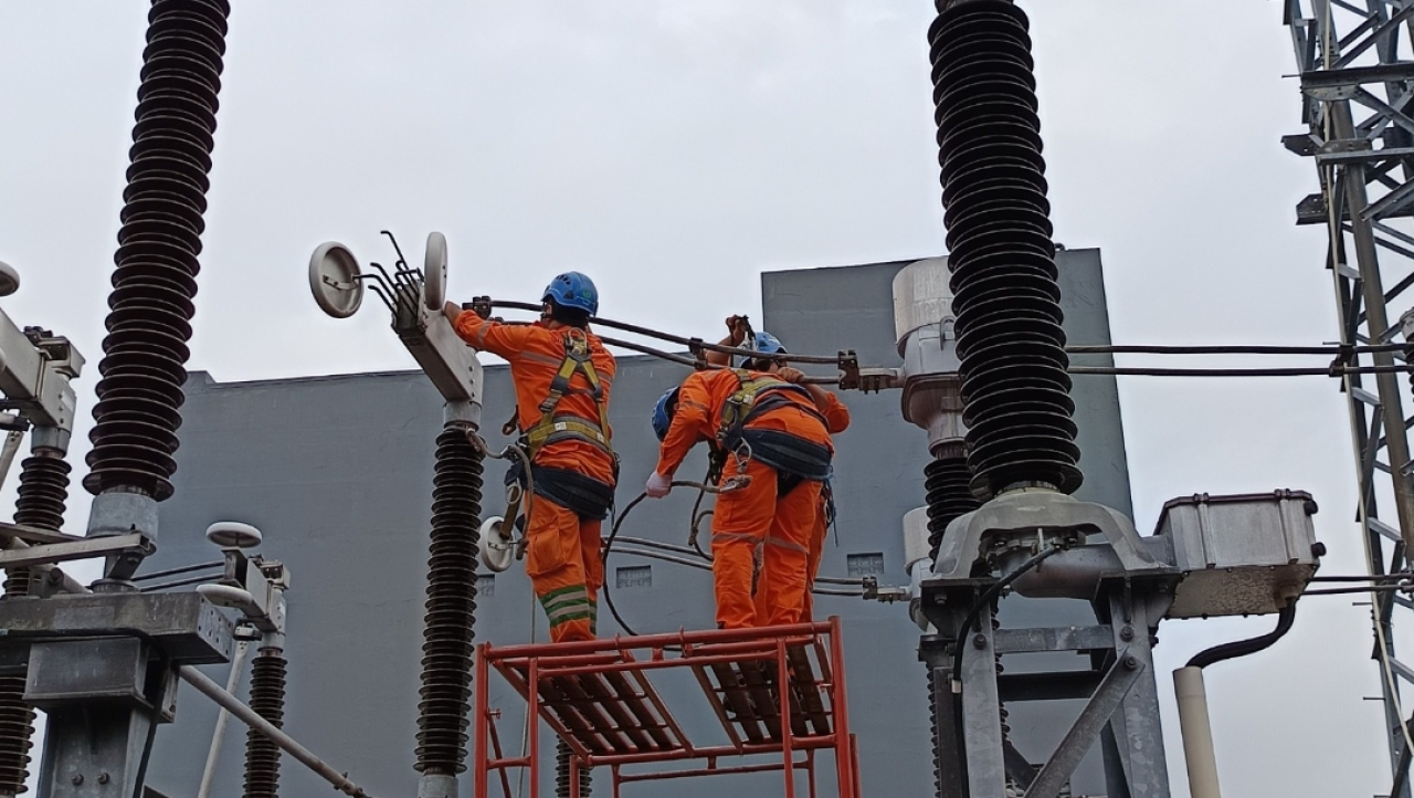 Petugas PLN melakukan perawatan transmisi listrik. (Humas PLN UIT JBM)
