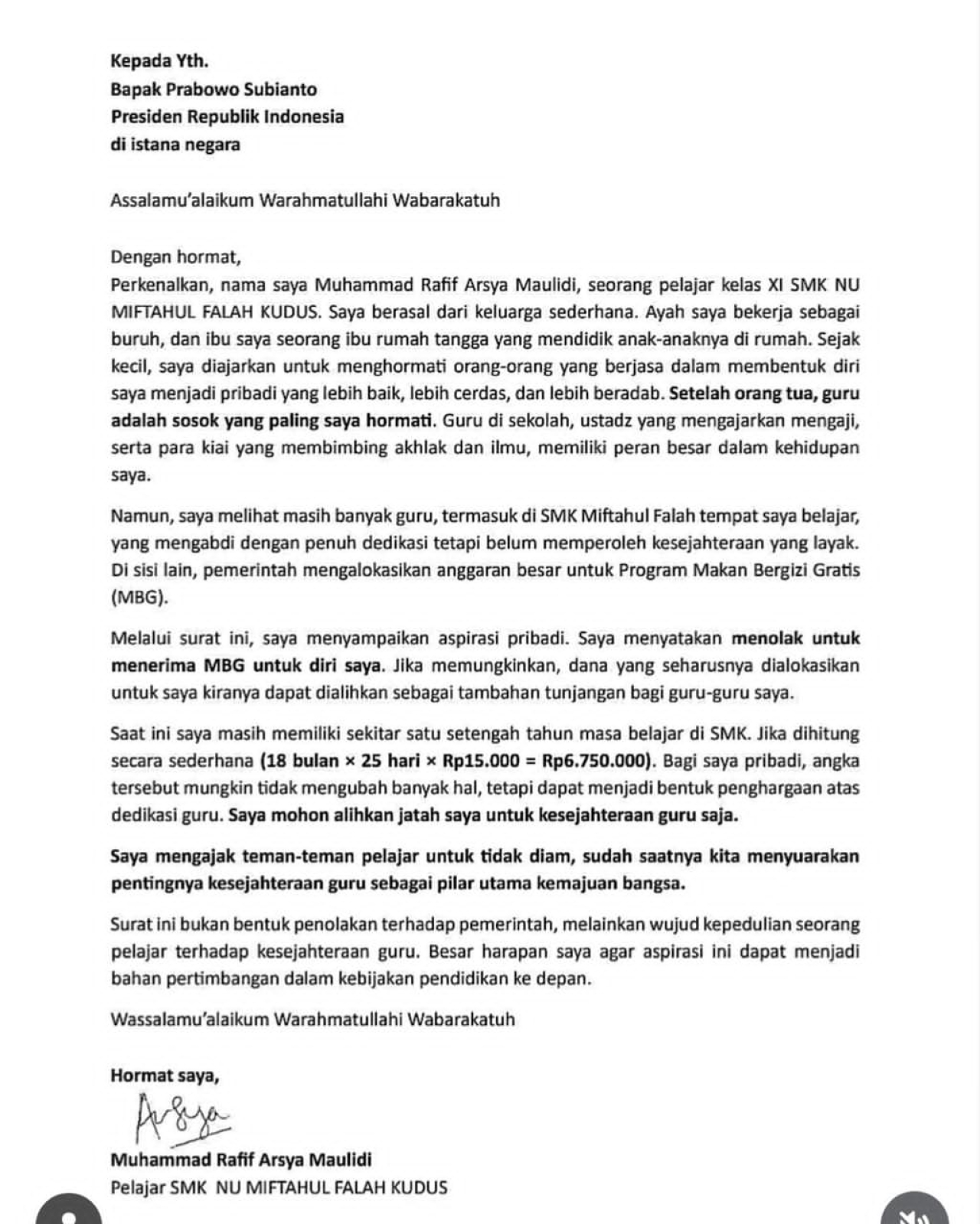 Surat untuk Presiden RI Prabowo dari siswa kelas XI SMK NU Miftahul Falah Kudus, Muhammad Rafif Arsya Maulidi. (Istimewa)