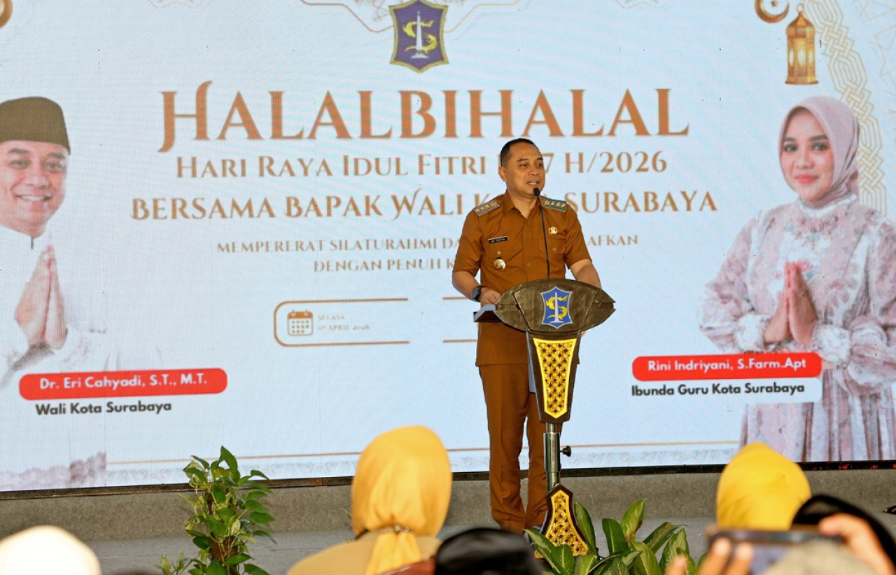 Wali Kota Surabaya Eri Cahyadi pada acara Halal Bihalal. (Humas Pemkot Surabaya)