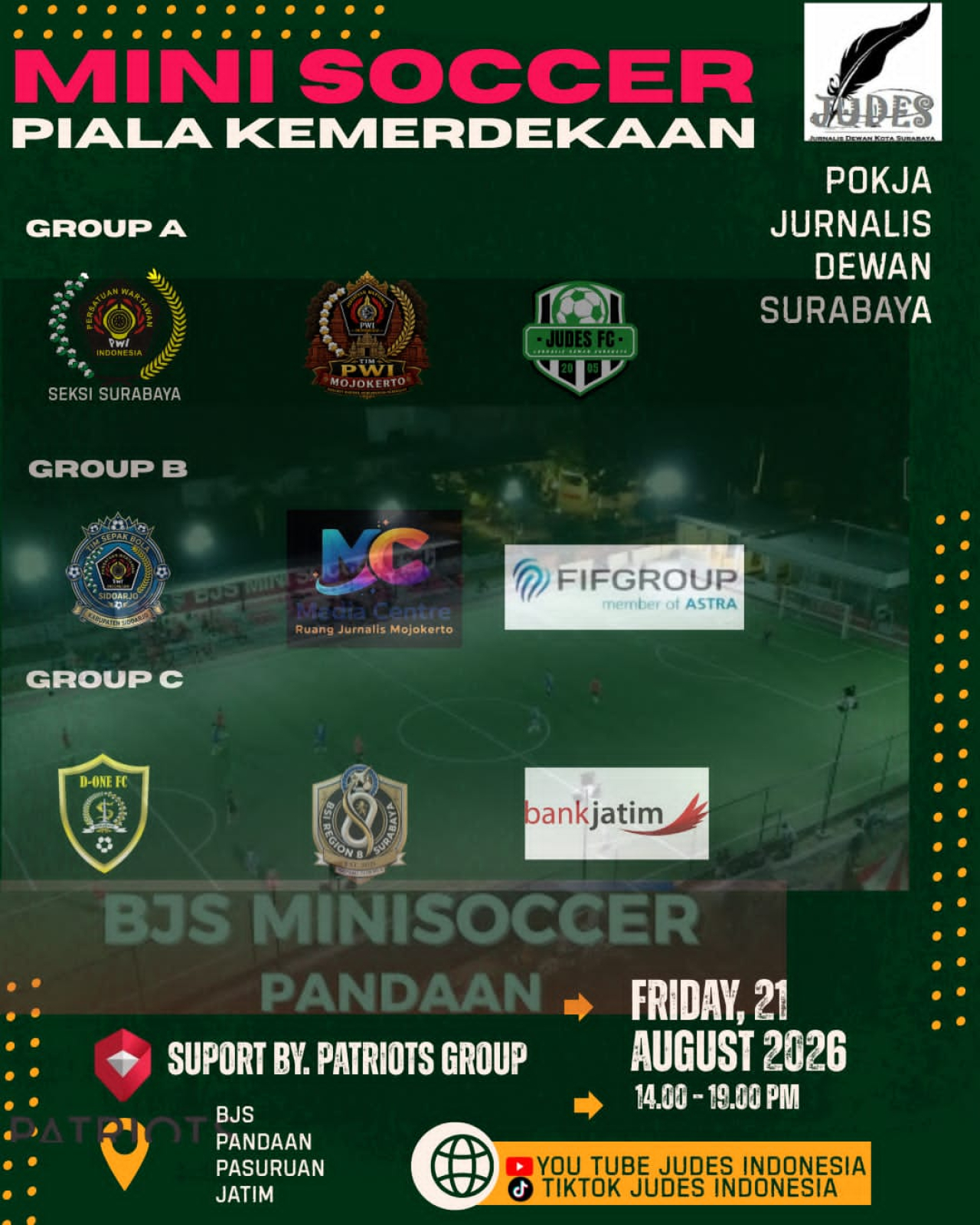 Flayer Jurnalis Dewan Surabaya (Judes) menggelar Turnamen Mini Soccer Piala Kemerdekaan 2026. (Istimewa)