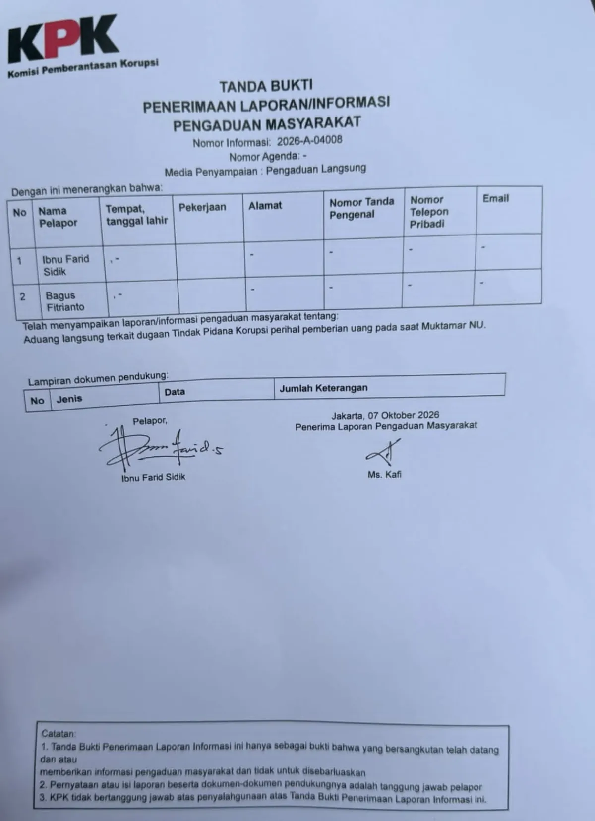 Dugaan Politik Uang Muktamar NU, PCNU Sekadau Kembalikan Uang dan Serahkan Bukti ke KPK